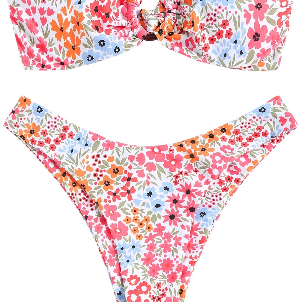 ZAFUL Pink Floral Bandeau Bikini with O Ring